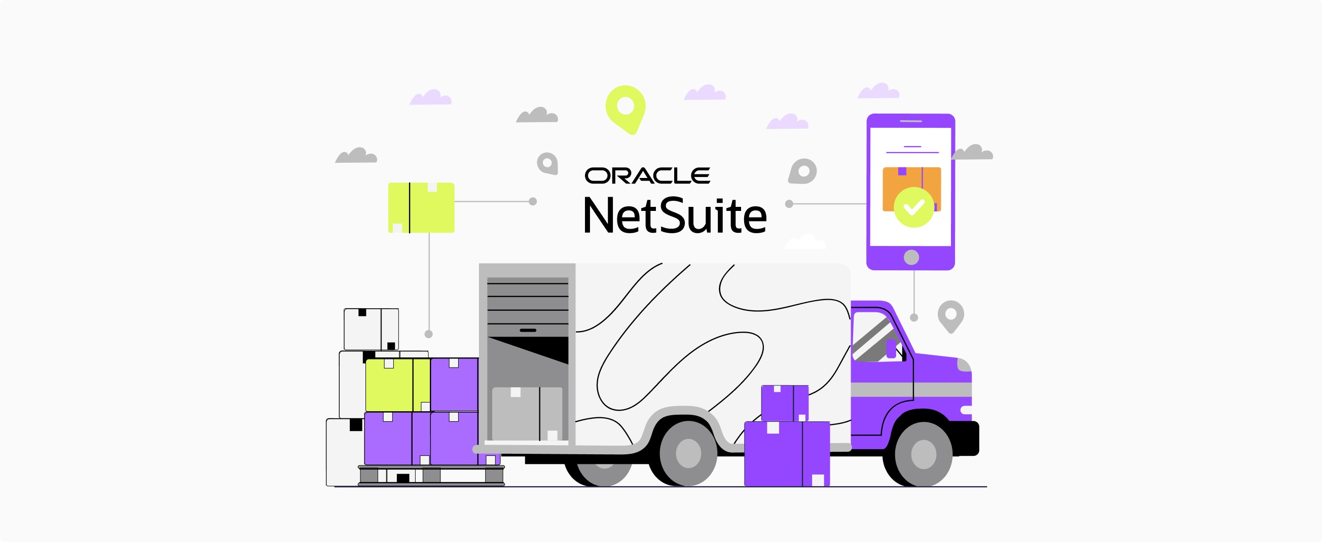 Illustration with Oracle NetSuite logo and delivery truck, cell phone with order sent