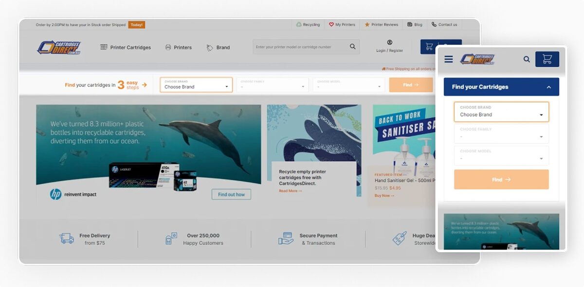 Screenshot of Cartridges Direct Home website - 3 search inputs on desktop and mobile