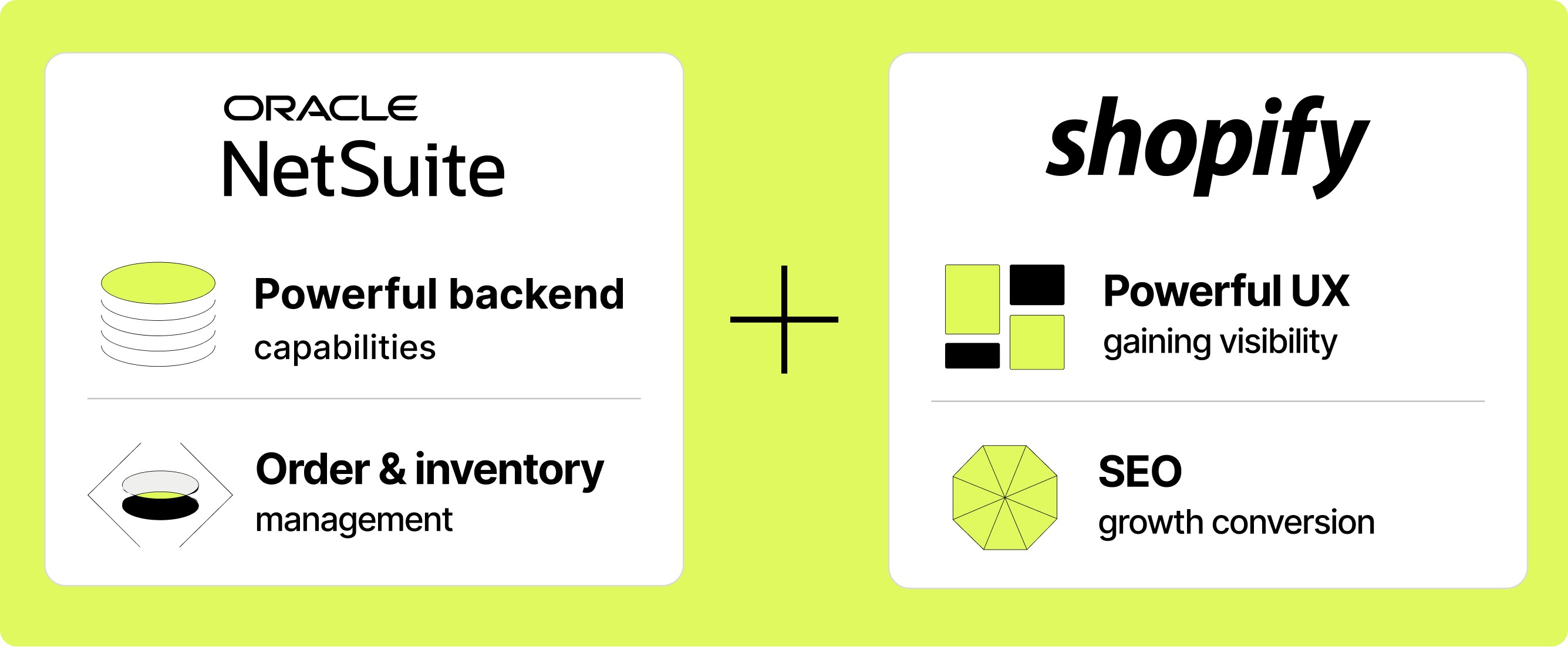 Comparative illustration between NetSuite (Powerful backend capabilities, Order and inventory management) and Shopify (Powerful UX gaining visibility, SEO growth conversion)