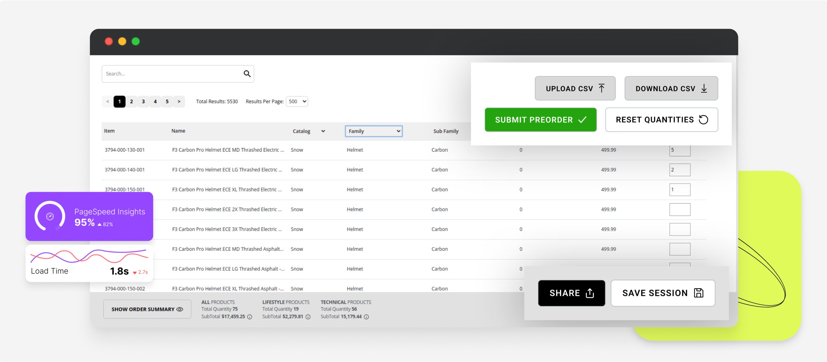 Screenshot of a website with buttons and good PageSpeed ​​Insights and Load Time scores