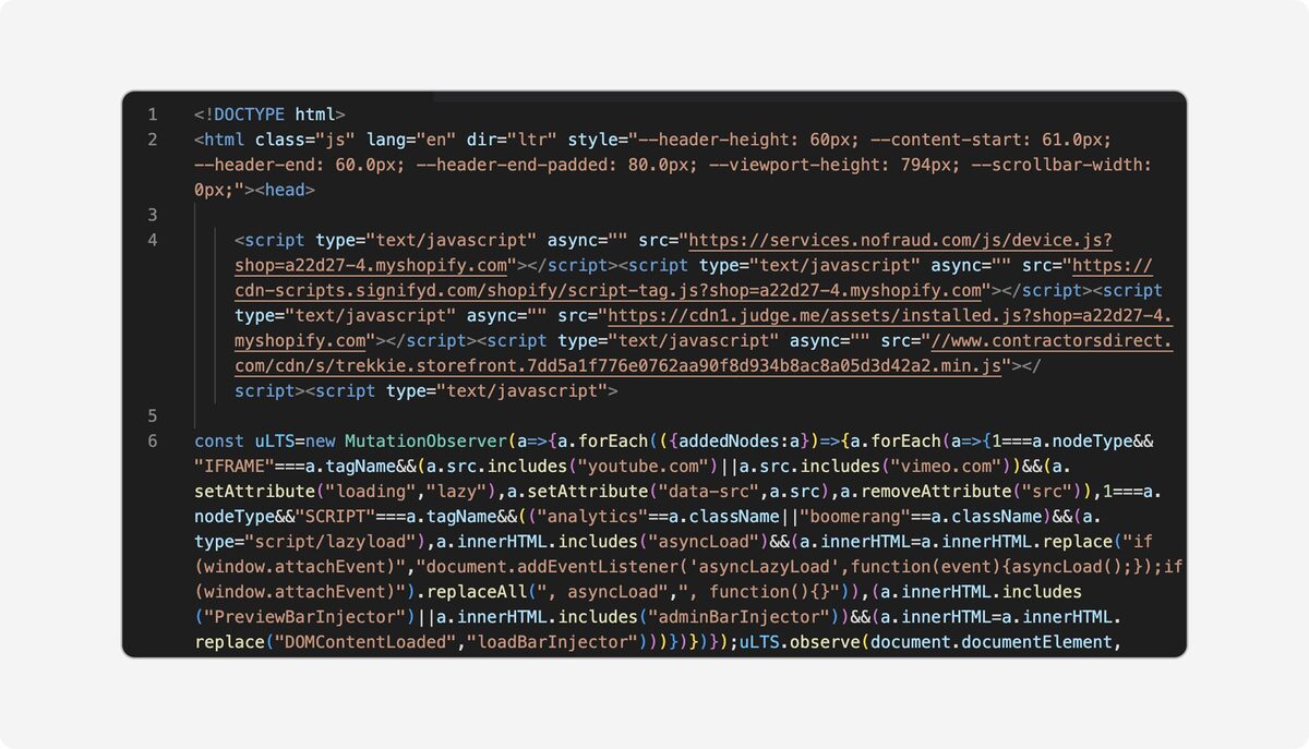 Screenshot of HTML code with scripts and connection to Shopify