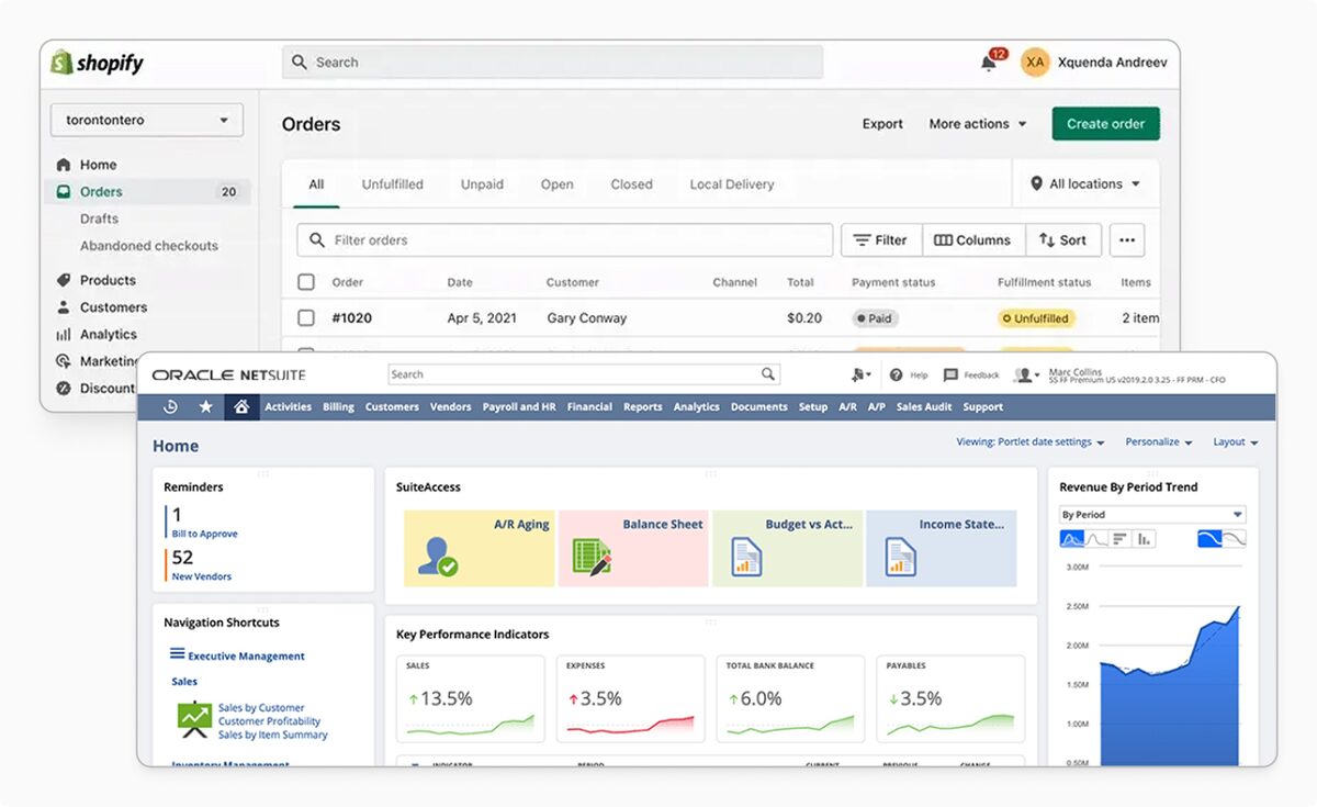 Screenshots of the Shopify and NetSuite interfaces