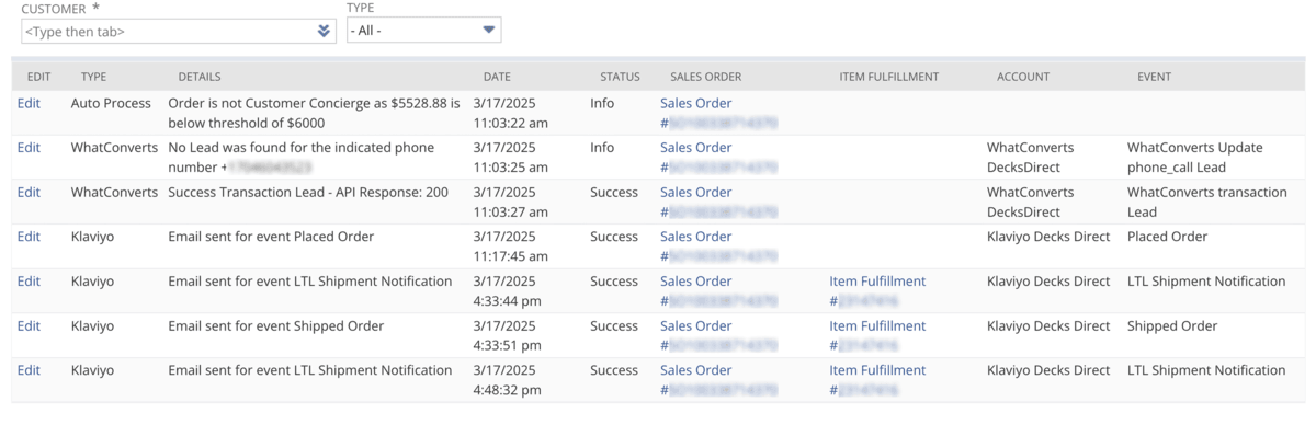 Screenshot of NetSuite table