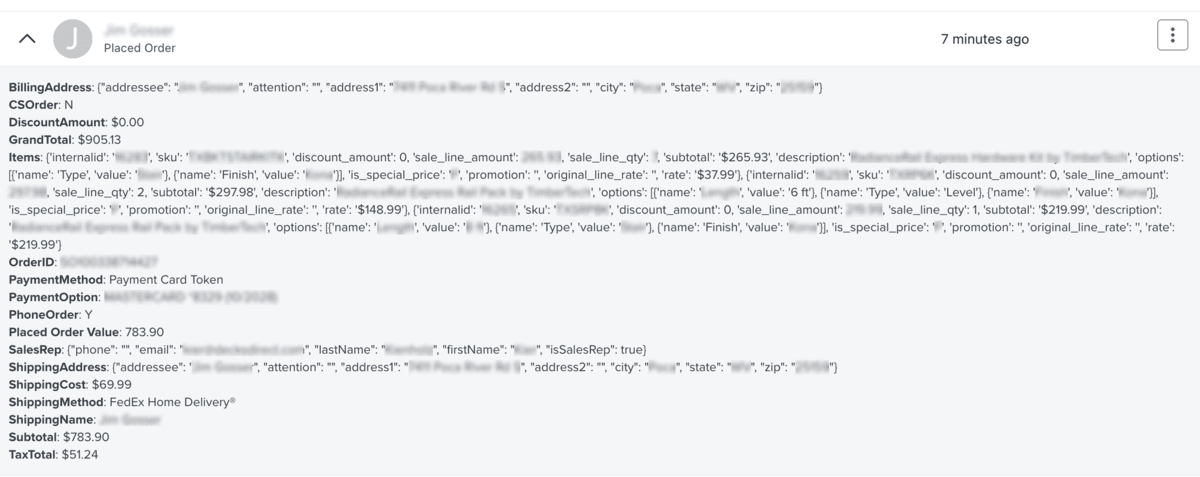 Screenshot of Placed order