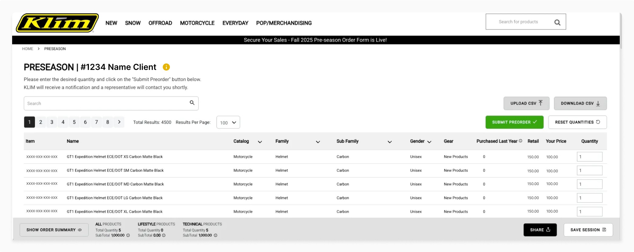 Screenshot of Klim's website: table for placing purchase orders