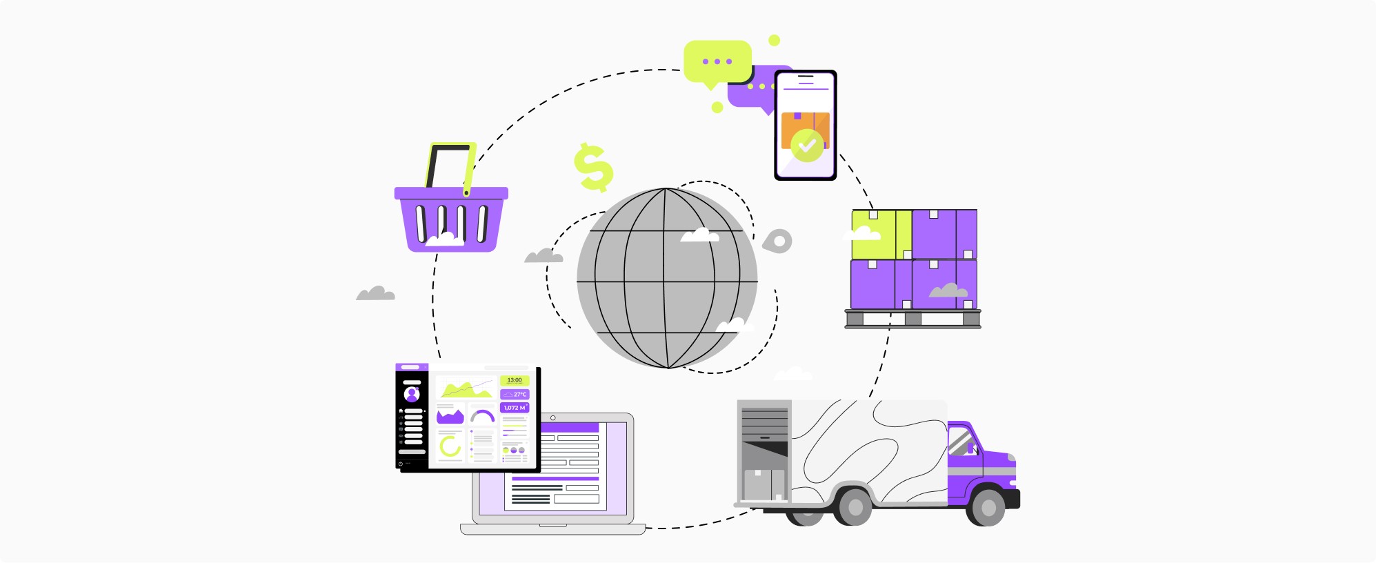 Cyclical illustration with elements of parcel shipments, delivery truck