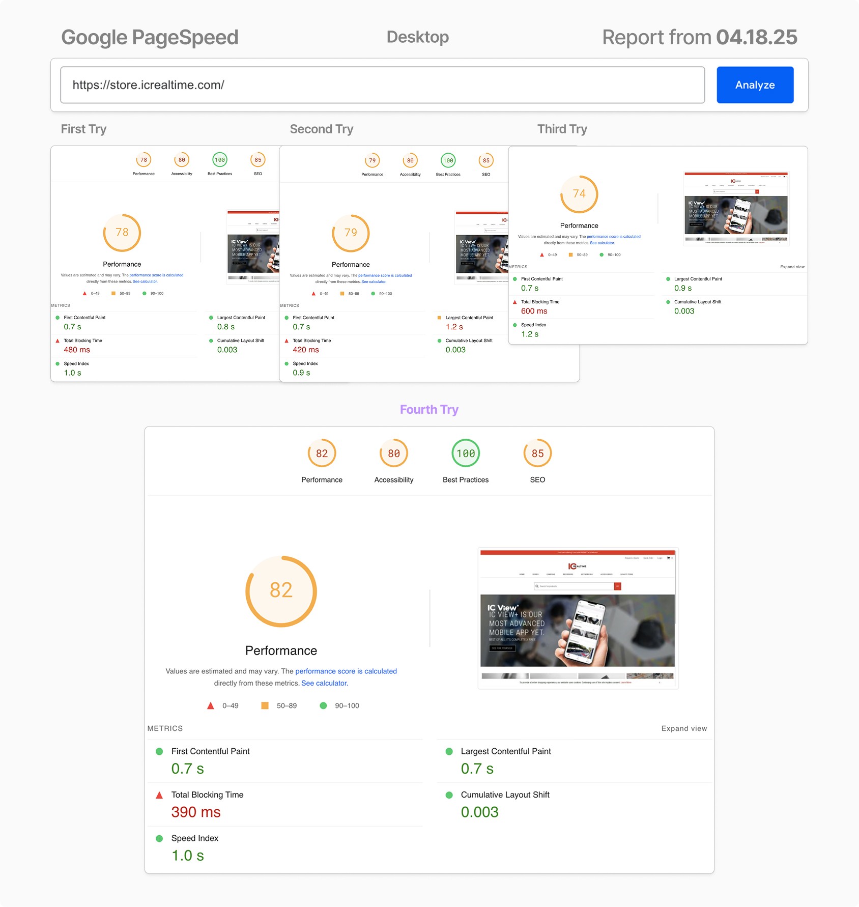 Screenshots of Google PageSpeed ​​comparing different performance values ​​until the highest is achieved