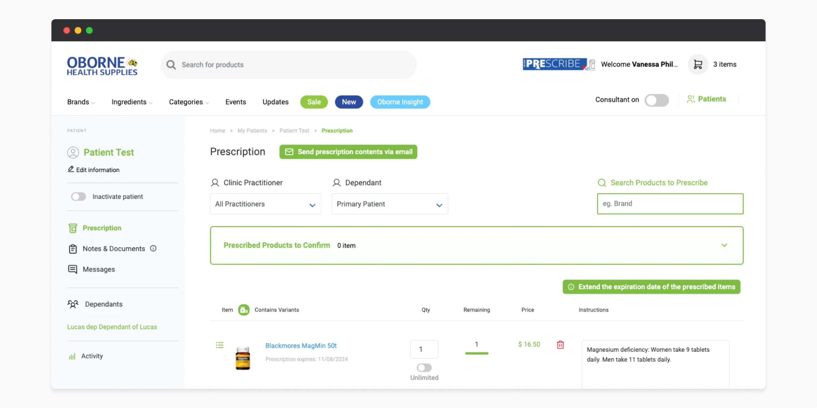 Oborne website mockup for desktop: Prescription page
