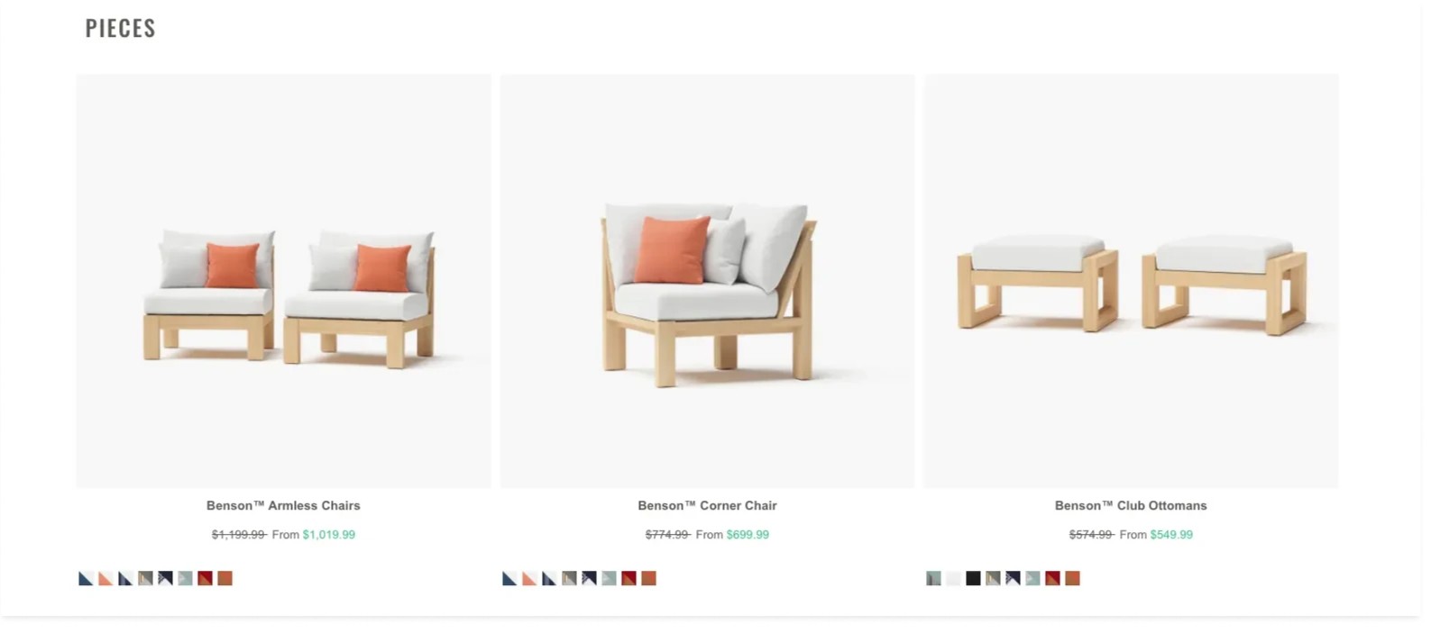 Screenshot of RST website: List of products with variants