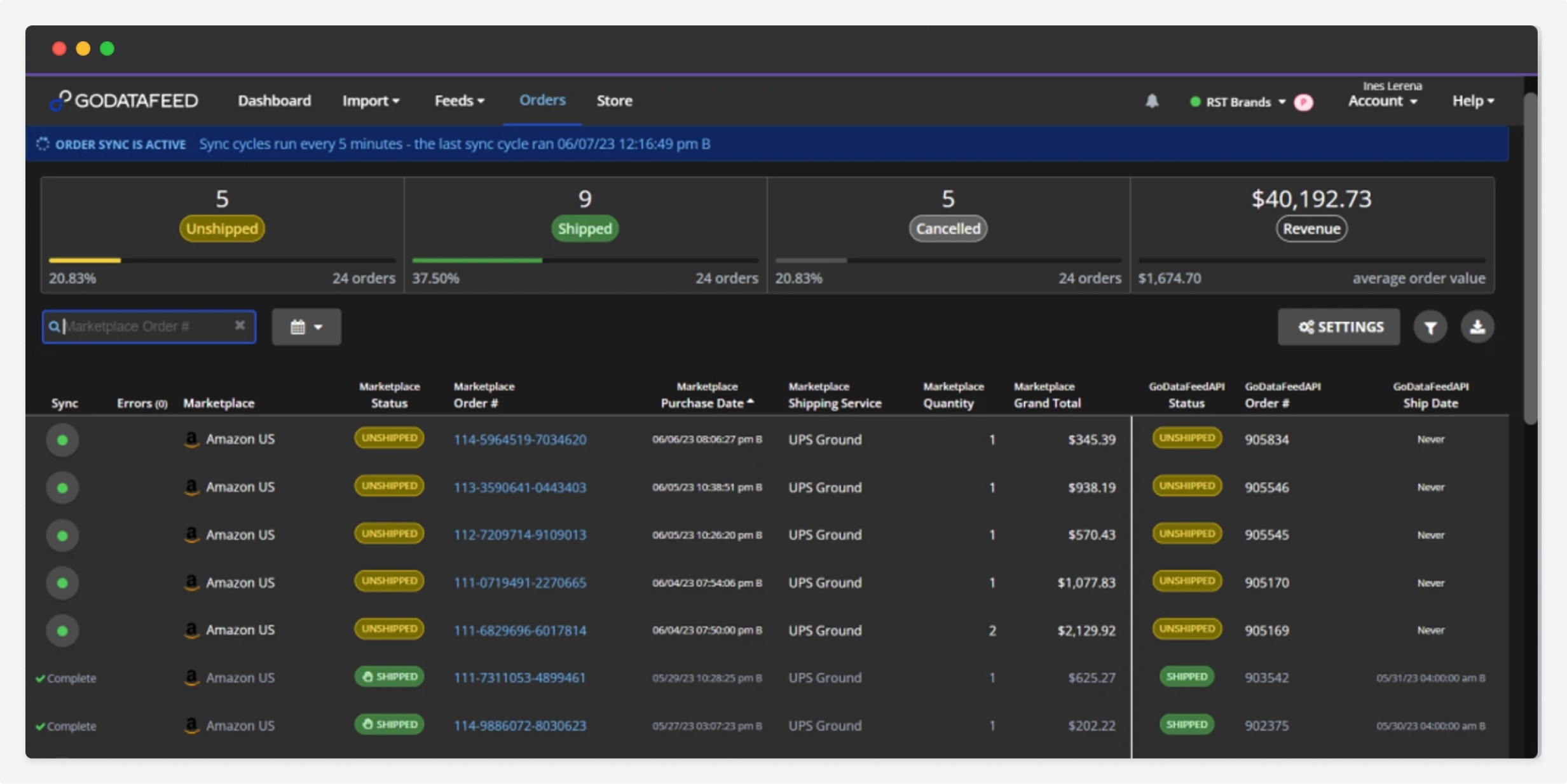 Screenshot of GoDataFeed website in orders table