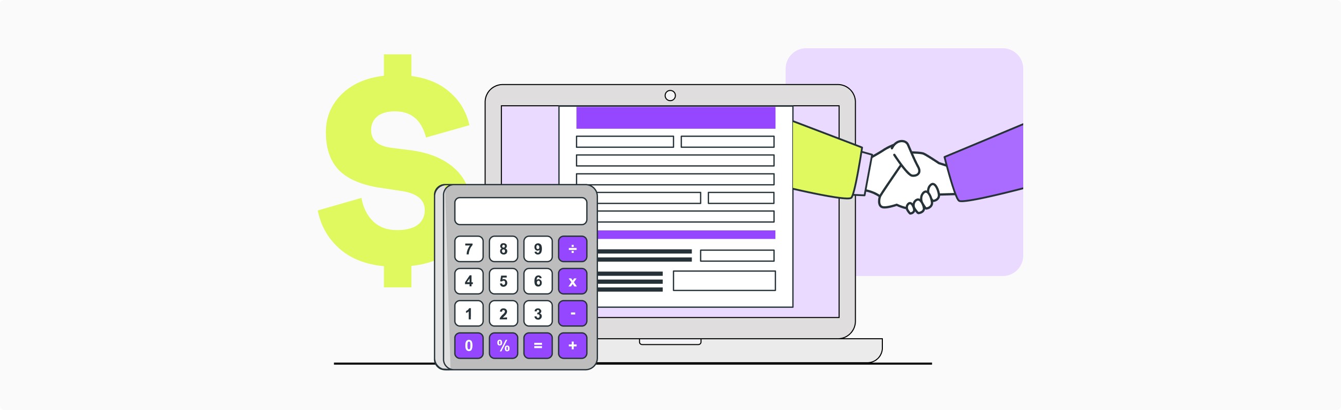 Illustration of a computer with a form, dollar sign, hand agreement, and calculator